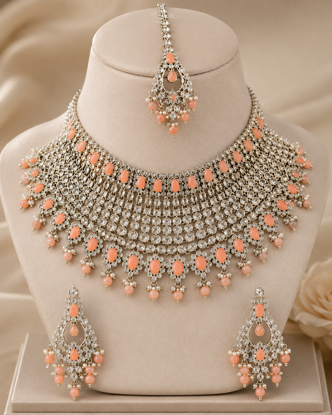 Rhodium-plated bridal set with white and peach color stone – Jewelry Set by Ladybug