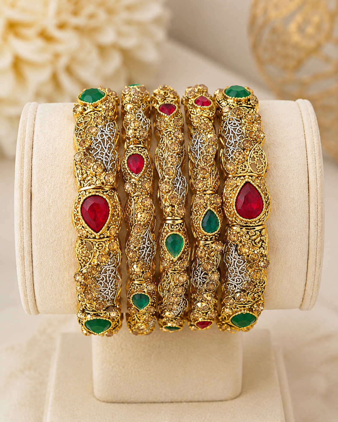 Gold Plated Antique Bangles for Women – Red & Green Stone Traditional Indian Jewelry | WEding & Party WearV