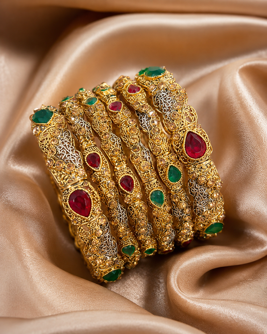 Gold Plated Antique Bangles for Women – Red & Green Stone Traditional Indian Jewelry | WEding & Party WearV