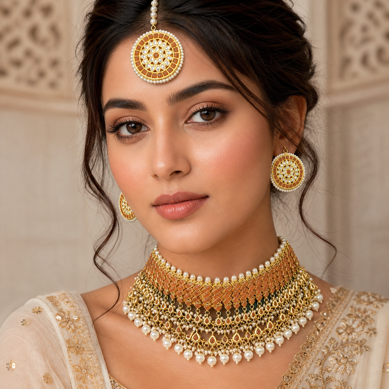 Indian Pachi Kundan Bridal Choker Set  | Traditional Polki Necklace,Bindiya  & Earrings ( LB-675,LB-674))