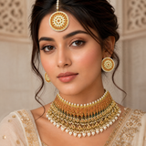 Indian Pachi Kundan Bridal Choker Set  | Traditional Polki Necklace,Bindiya  & Earrings ( LB-675,LB-674))