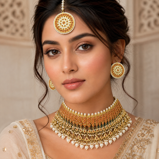 Indian Pachi Kundan Bridal Choker Set | Traditional Polki Necklace,Bindiya & Earrings ( LB-675,LB-674 – Earrings by Ladybug