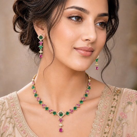 Ad Zircon Gold Plated Necklace Set