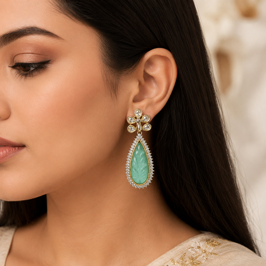 Mint Green Stone Drop Earrings with Zircon Border – Drop Earrings by Ladybug