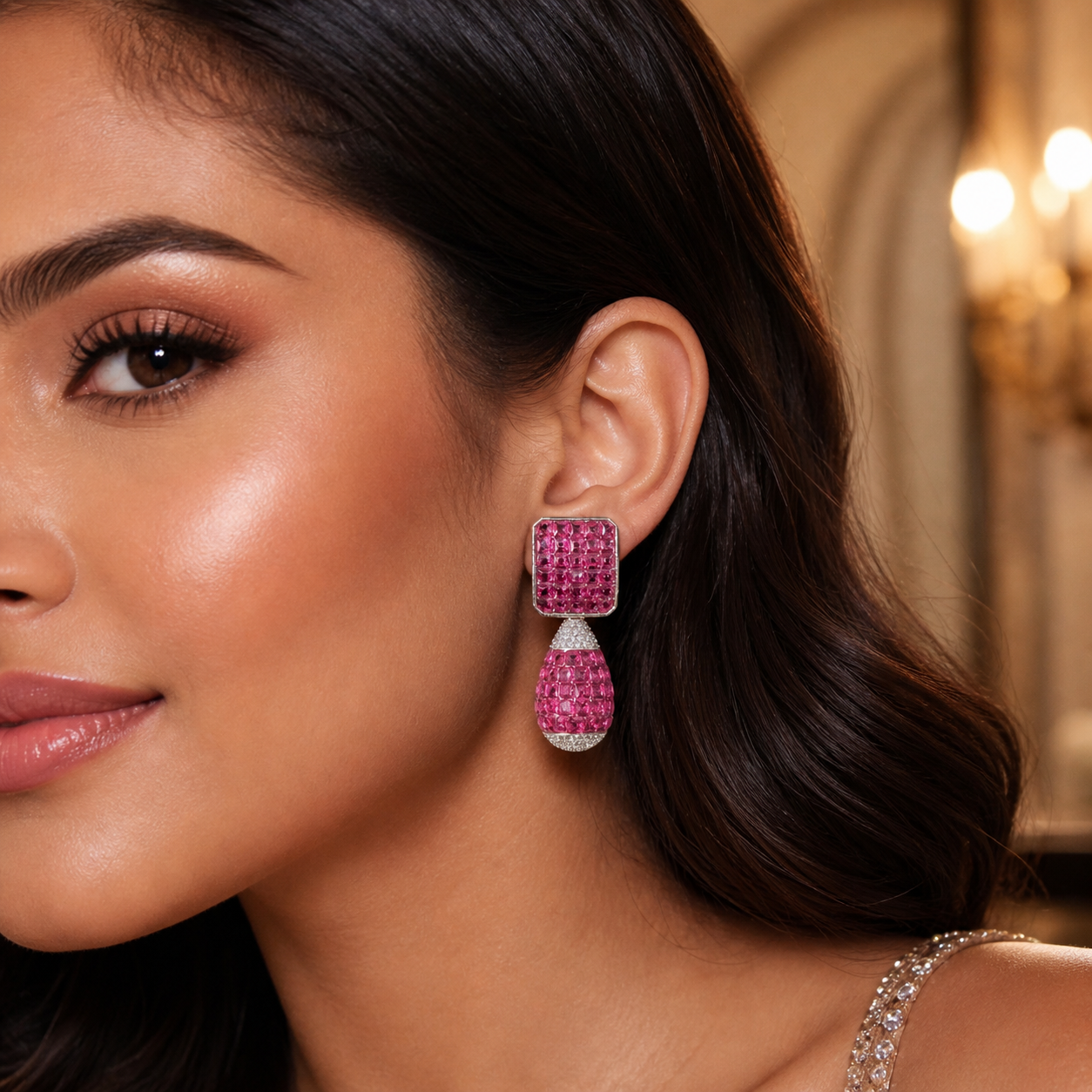 Moissanite Stone Rhodium-Plated Earrings