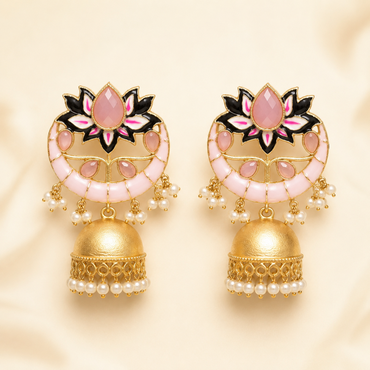 Traditional Enamel Jhumka Earrings with Pearls – Handcrafted Indian Bridal Jewelry LB 330