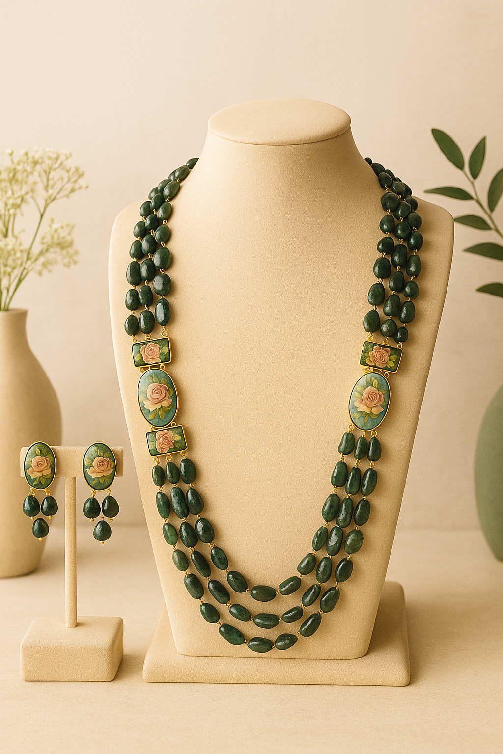 Handcrafted Green Beaded Mala Set with Hand-Painted Pendants | Premium Indian Jewelry Handcrafted Green Beaded Mala Set with Hand-Painted Pendants | Premium Indian Jewelry