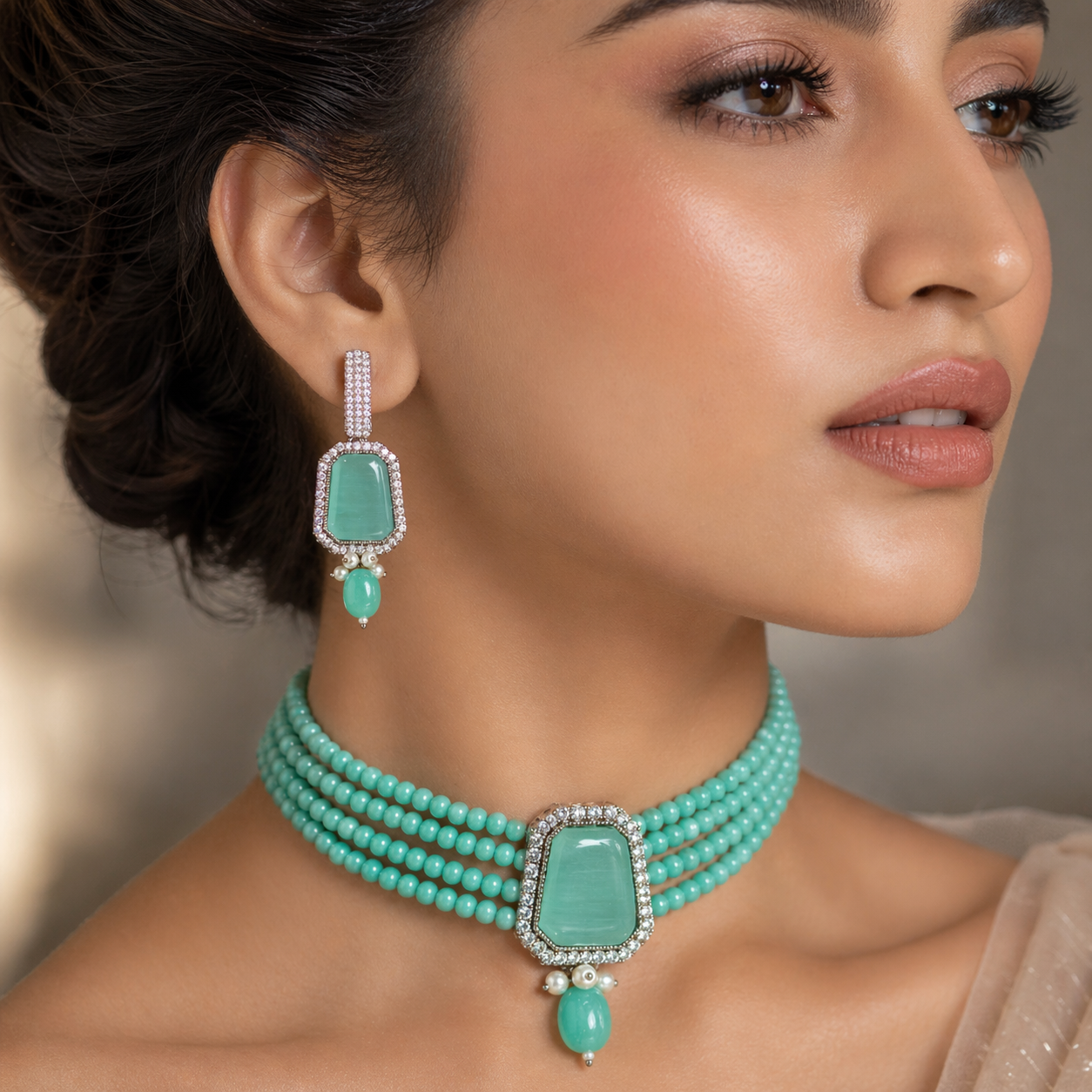 Single Stone Choker Set with Mint Color