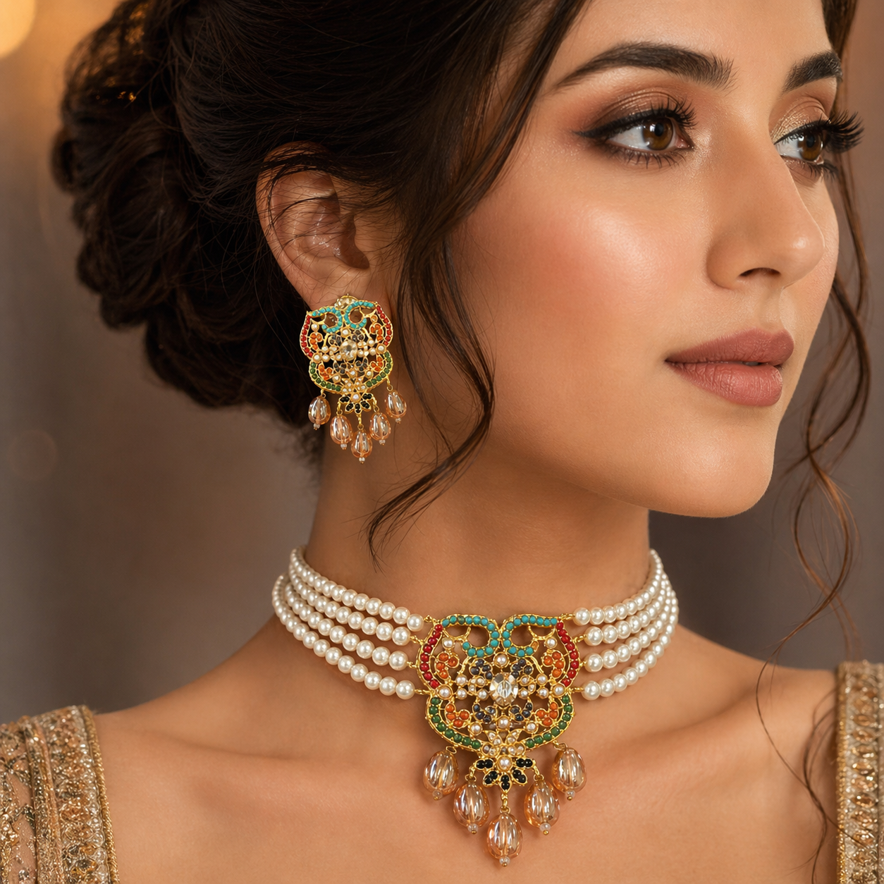 Nauratan Choker Set with white pearls and beads