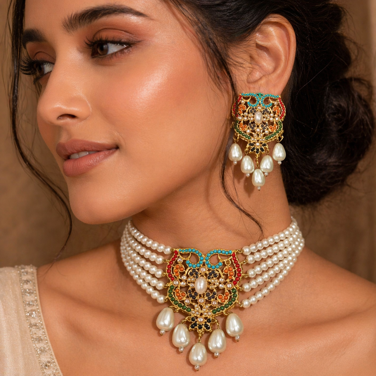 Nauratan Choker Set with white pearls and beads