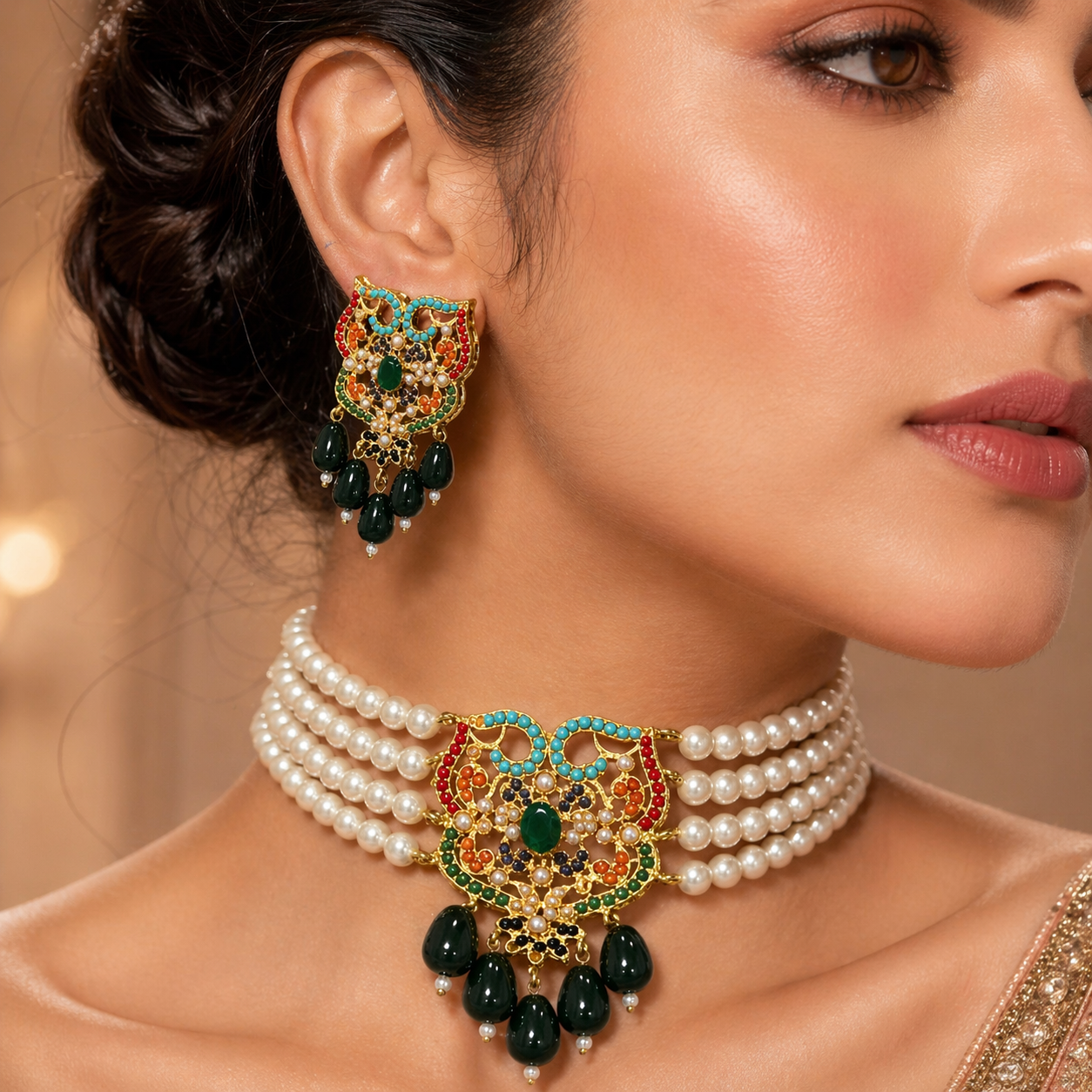 Nauratan Choker Set with white pearls and beads