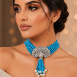 Peacock Choker embossing mother pearls in Ice Blue color LB -258