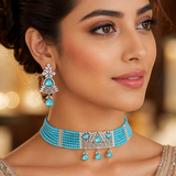 Rhodium-plated Choker Set and Ice Blue  with Ad Zircon