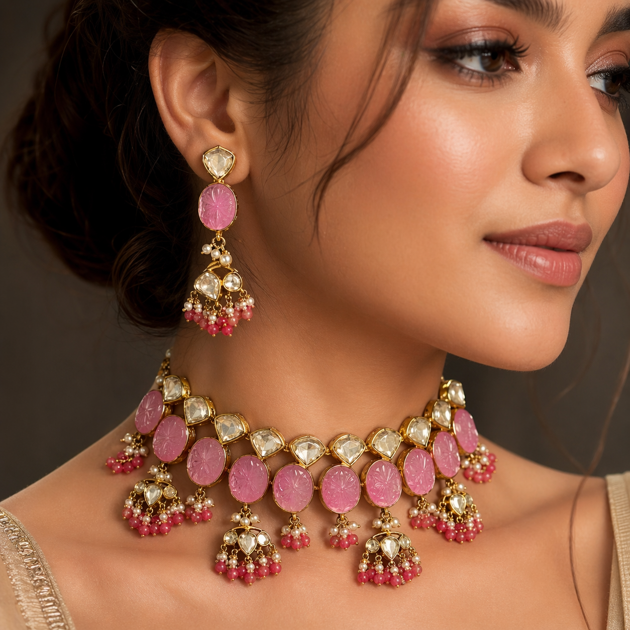 Elegant Indian Pachi Kundan Necklace Set with Pink Stones | Wedding & Festive Jewelry – Necklace Set by Ladybug