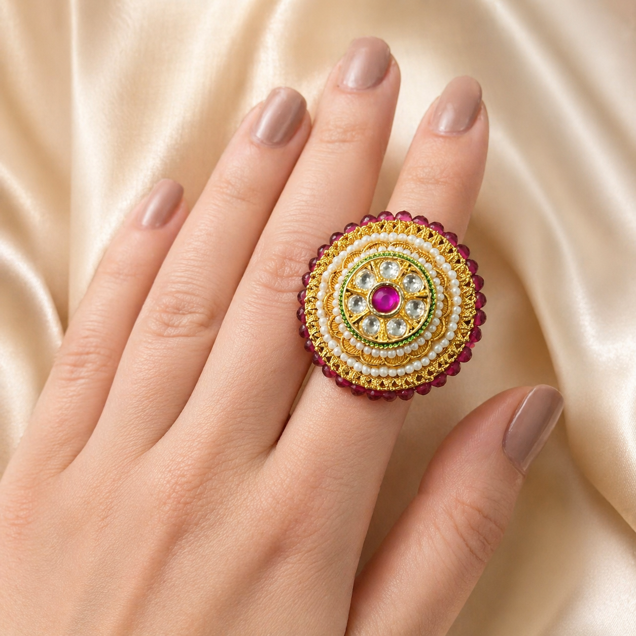 Gold Plated Ring with Emerald and Ruby Stone – Ring by Ladybug