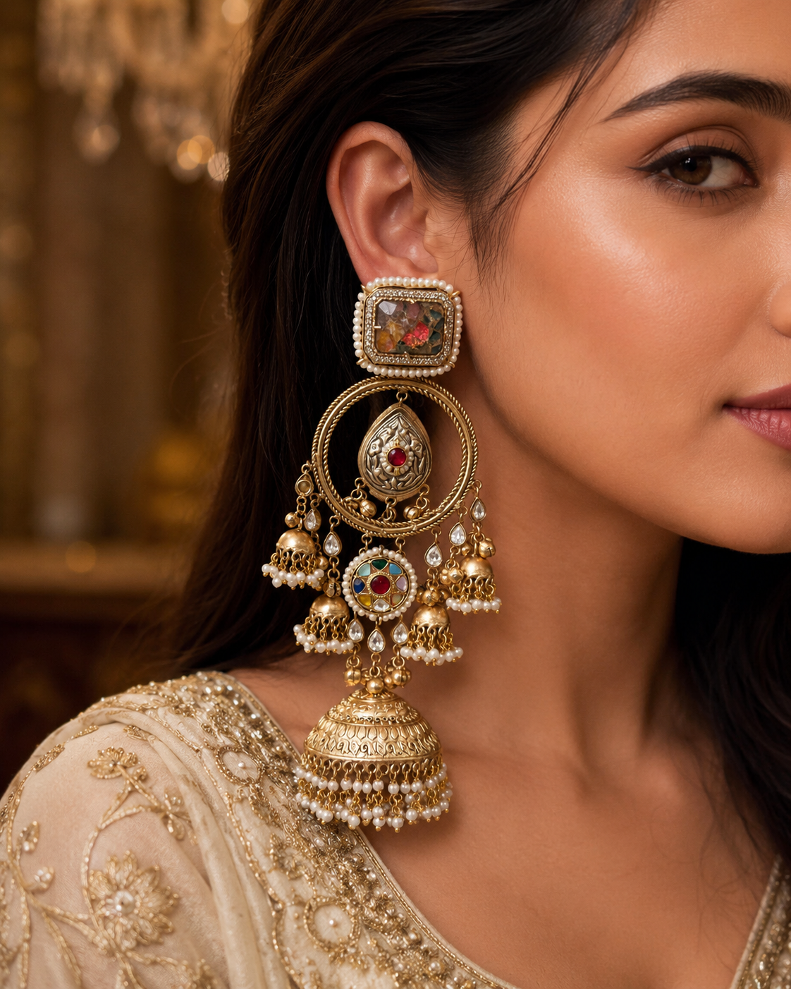 Puta Duplet Stone long Earrings with Paachi Kundan Work (LB-904)