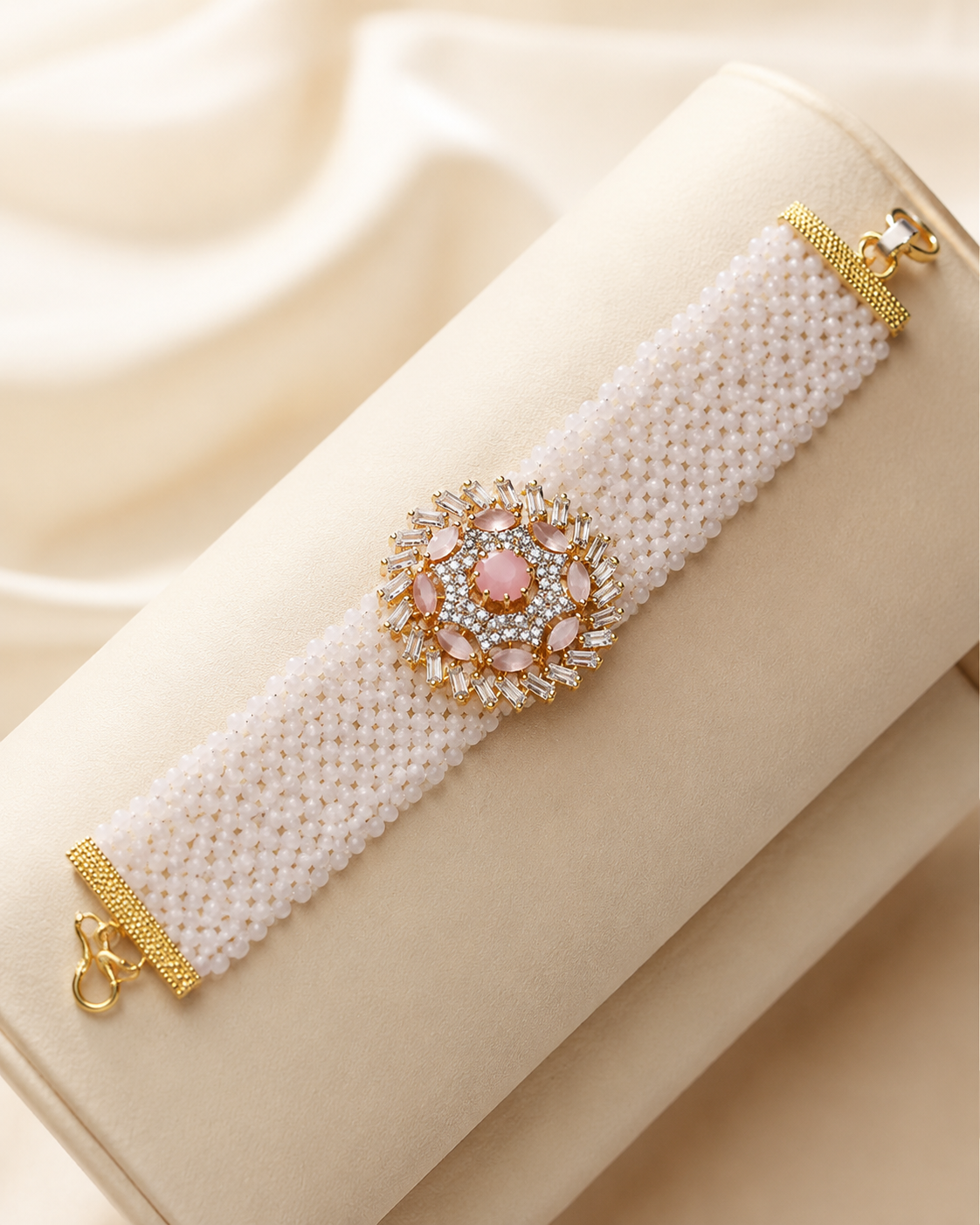 Gold-plated Chain Bracelet with Zircon and powder pink color (LB-194)