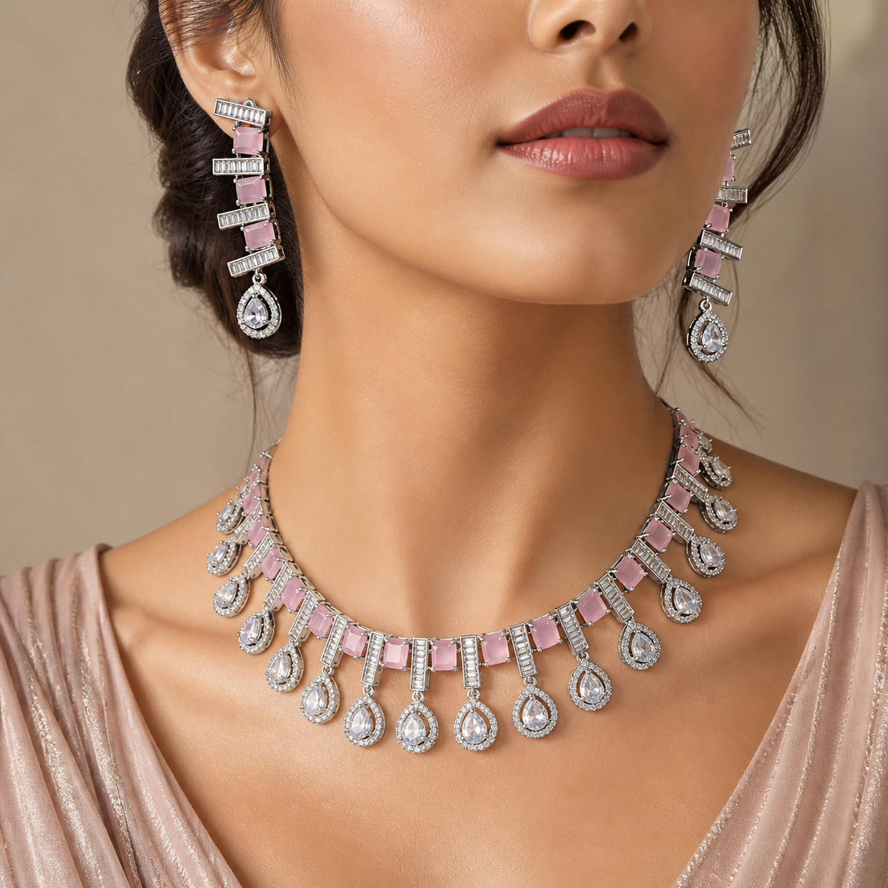 Rhodium-plated set with powder-pink stones – Jewelry Set by Ladybug