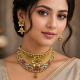 Tiyani Kundan Indian Rajhwari Set – Antique Gold Choker with Ruby Stones & Floral Earrings