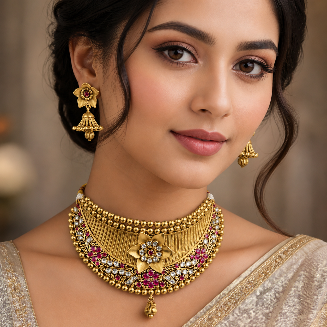 Tiyani Kundan Indian Rajhwari Set – Antique Gold Choker with Ruby Stones & Floral Earrings – Earrings by Ladybug