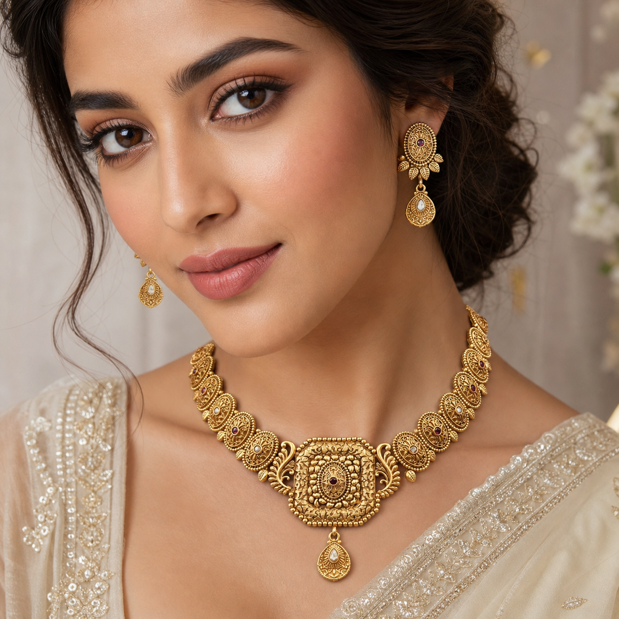 Rajwari set with matte polish and Tiyani Kundan – Jewelry Set by Ladybug