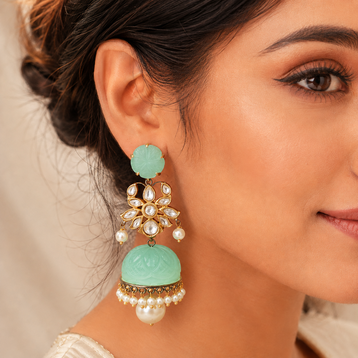 Mint Green Kundan Jhumka Earrings | Polki Floral Statement Earrings with Pearl Detailing