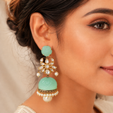 Mint Green Kundan Jhumka Earrings | Polki Floral Statement Earrings with Pearl Detailing