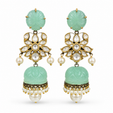 Mint Green Kundan Jhumka Earrings | Polki Floral Statement Earrings with Pearl Detailing