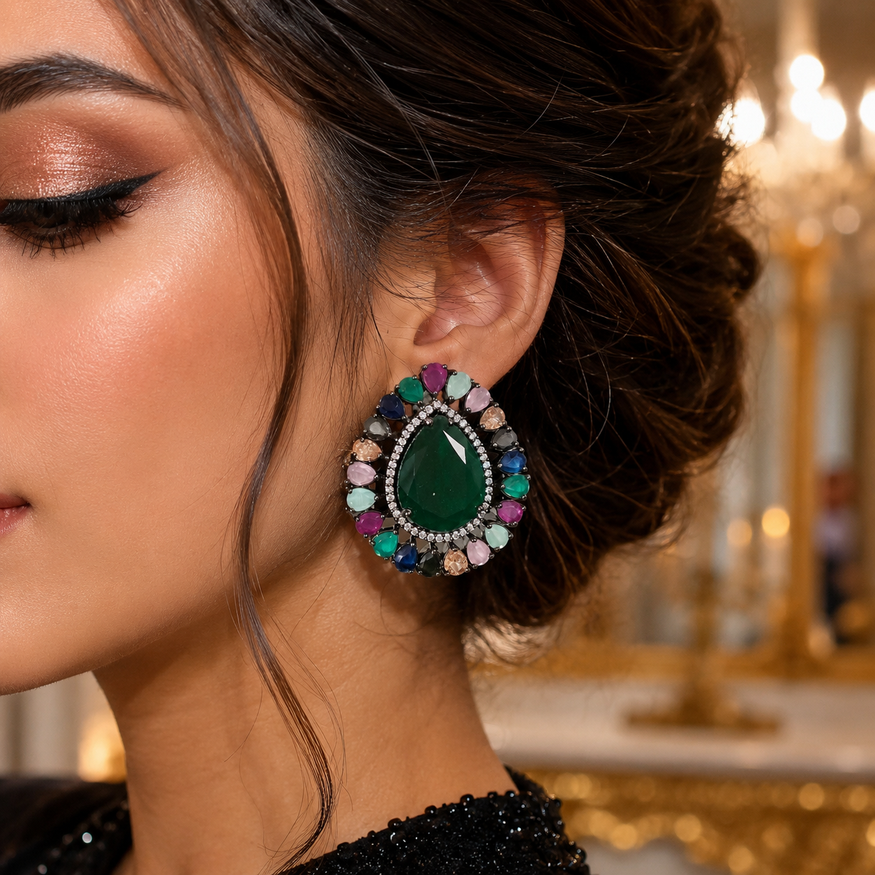 Luxury Emerald Teardrop Earrings with Multicolor Gemstones LB-318
