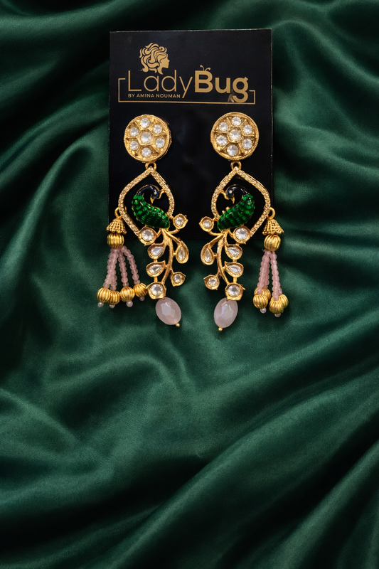 Luxury Peacock Kundan Earrings | Green & Gold Statement Ethnic Jewelry LB-425