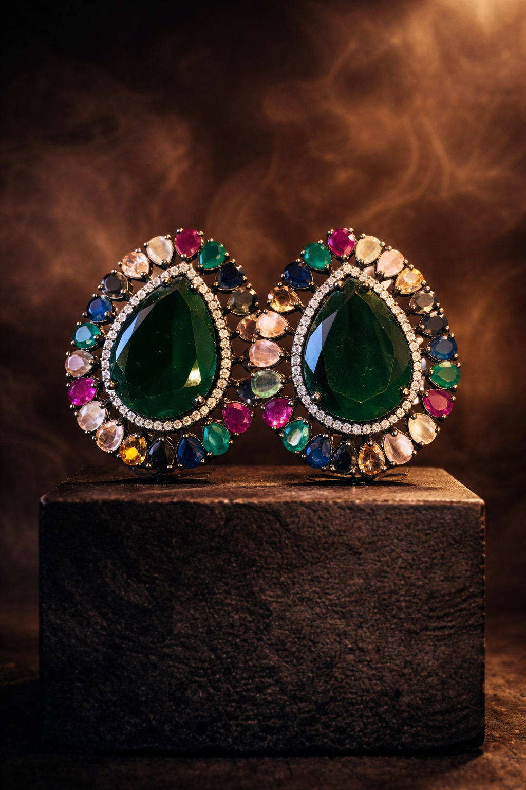 Luxury Emerald Teardrop Earrings with Multicolor Gemstones LB-318