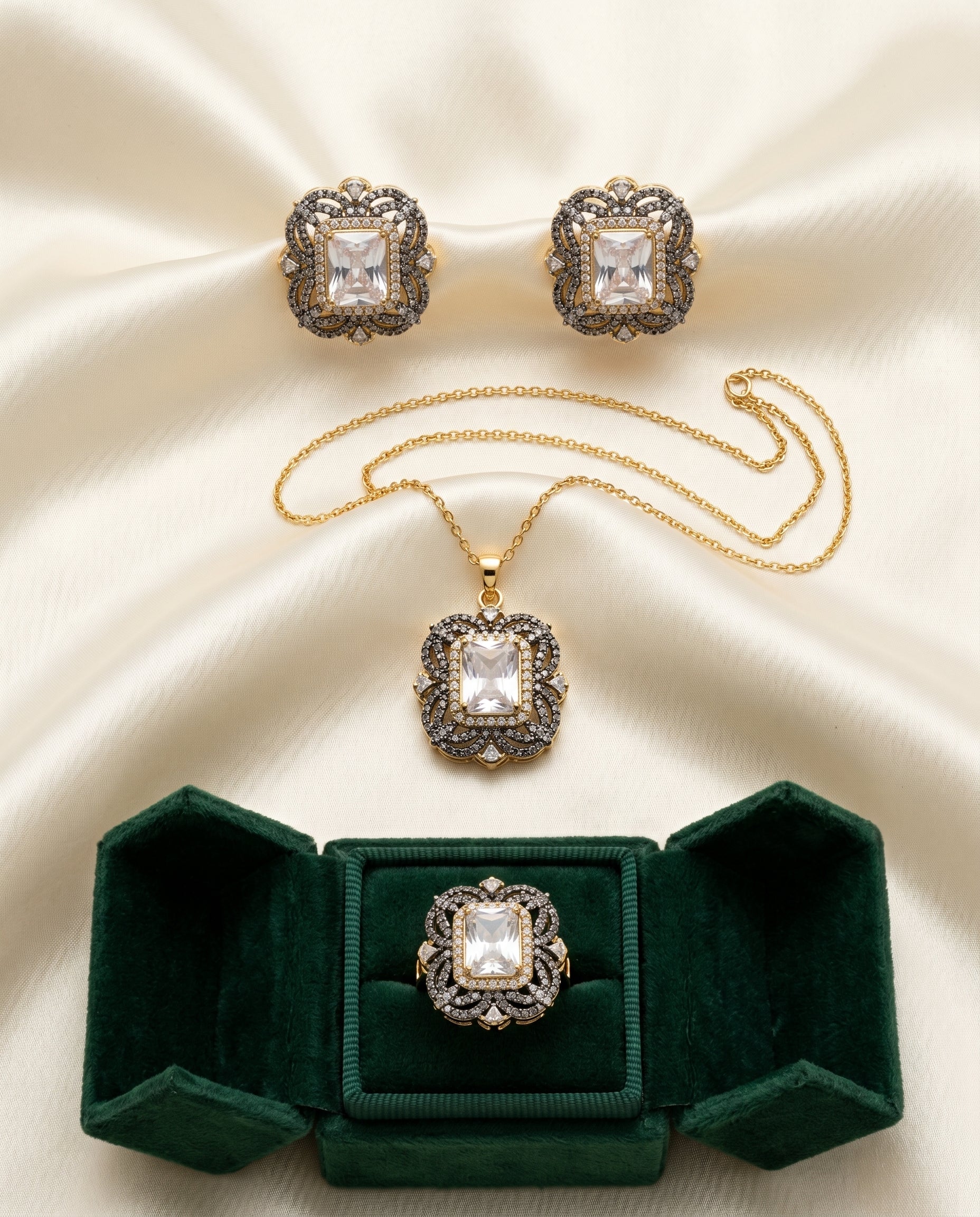 Gold plated diamond cut pendant set with white stones