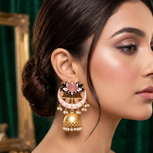 Traditional Enamel Jhumka Earrings with Pearls – Handcrafted Indian Bridal Jewelry – Jhumka Earrings by Ladybug
