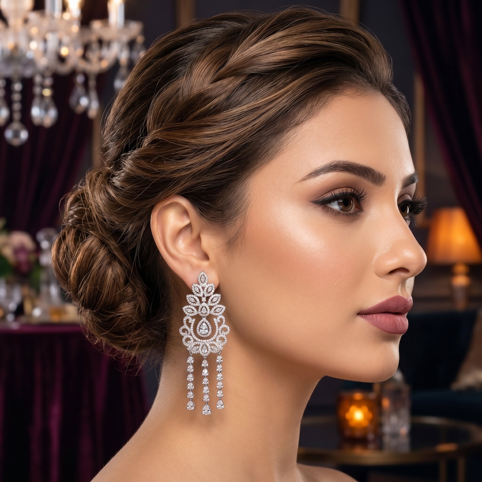 Elegant Silver Crystal Long Dangle Earrings — Bridal & Party Wear LB-825
