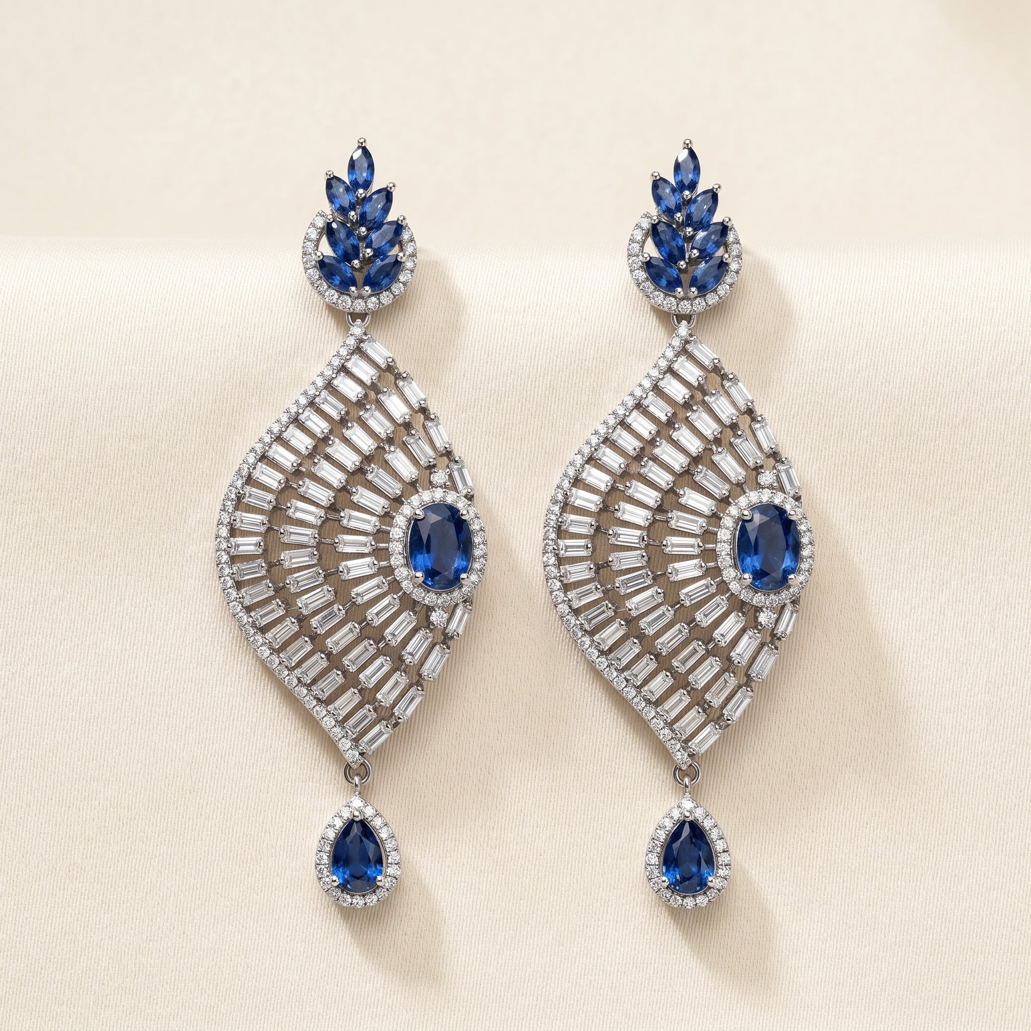 Blue Sapphire and Diamond Drop Earrings – Elegant Luxury Evening Jewelry LB-352