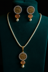 Caligraphy pendant set – Engraved Pendant Pearl Mala with Matching Earrings | Elegant Arabic Calligraphy Jewelry