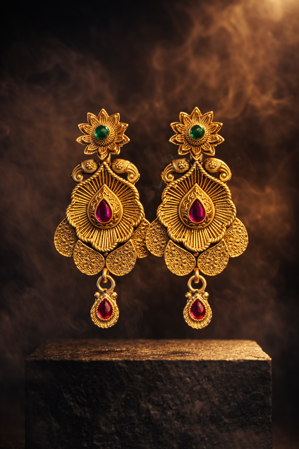 Traditional Gold Statement Earrings with Ruby & Emerald Stones – Bridal Ethnic Jewelry – Earrings by Ladybug (Photo 2)