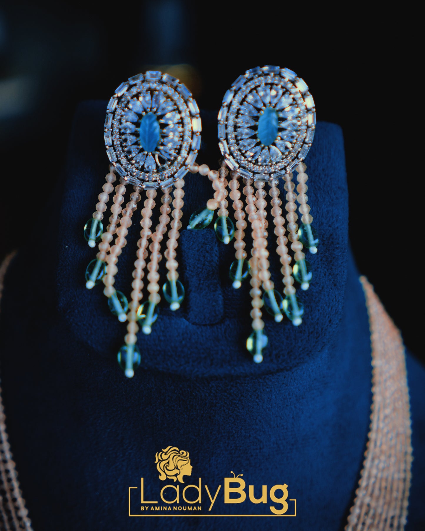 Rhodium Plated Mala Set with Peach and Mint Stones | Elegant Designer Jewelry by LadyBug