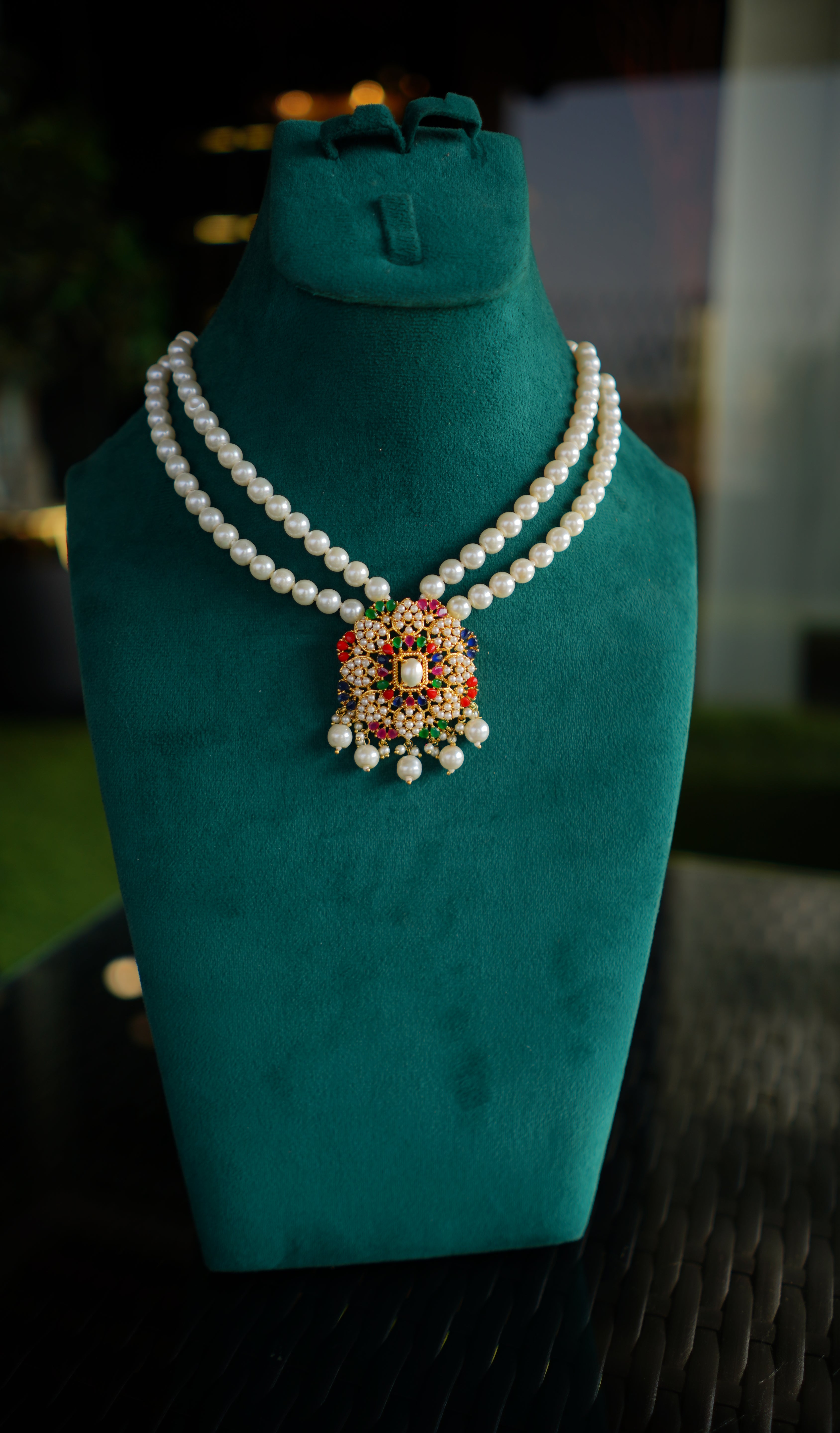 Double Layer Pearl Necklace with Multicolor Kundan Pendant | Indian Jewelry (LB-222)