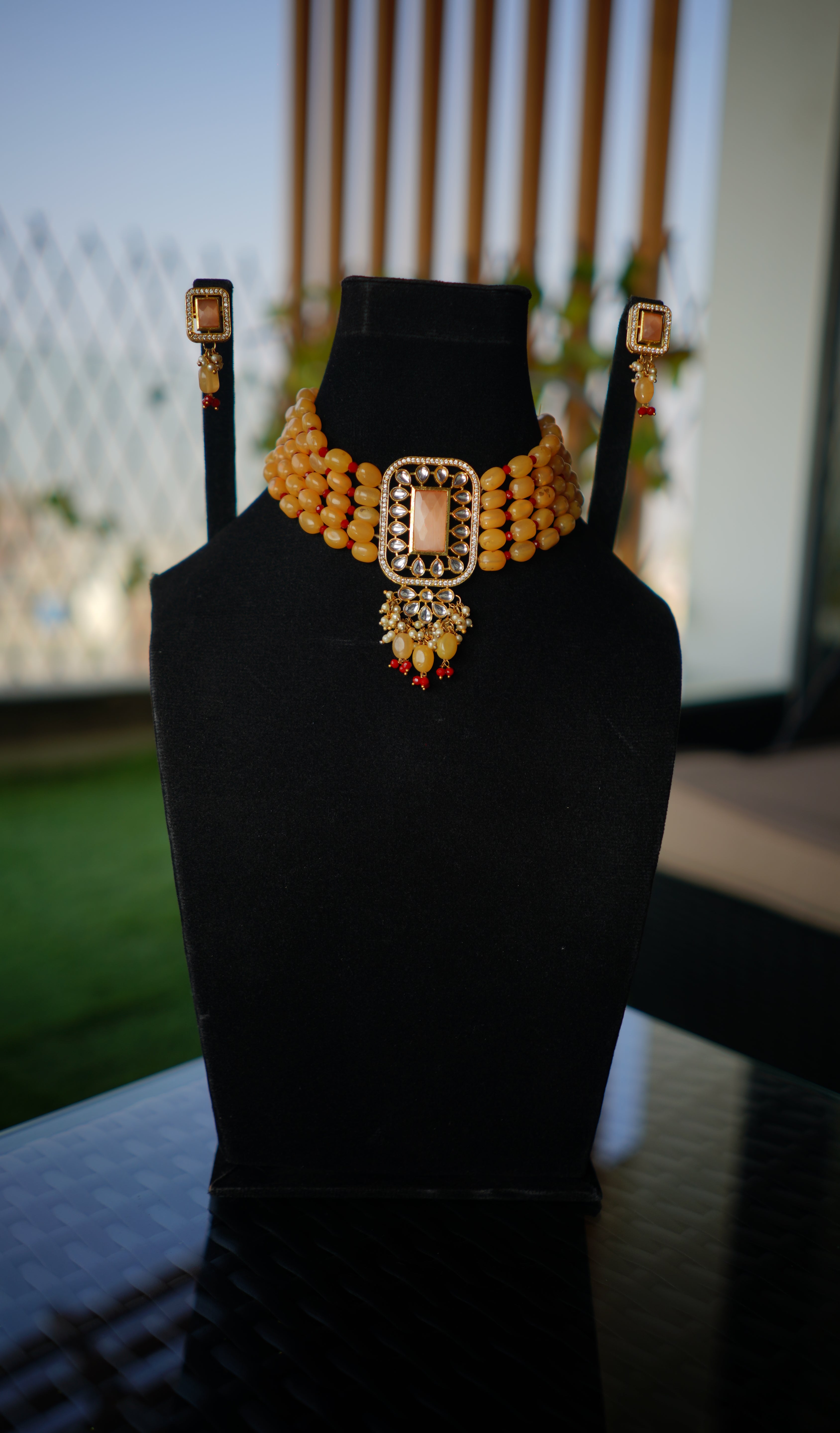 Peach Beaded Choker Set with Kundan Pendant for Women