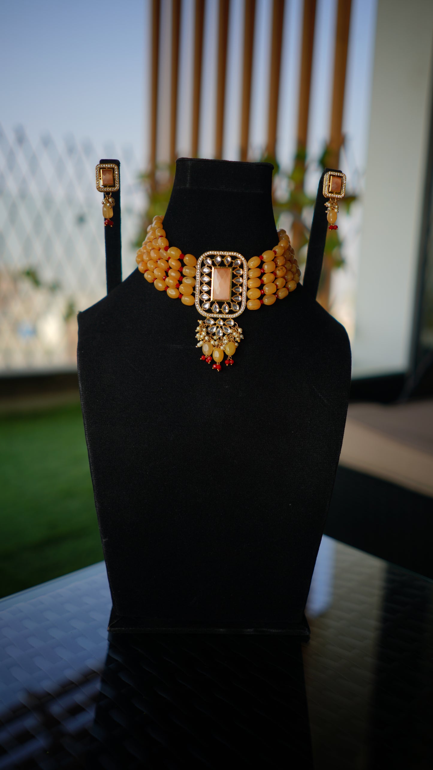 Peach Beaded Choker Set with Kundan Pendant for Women – Choker Set by Ladybug (Photo 2)