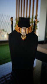 Peach Beaded Choker Set with Kundan Pendant for Women