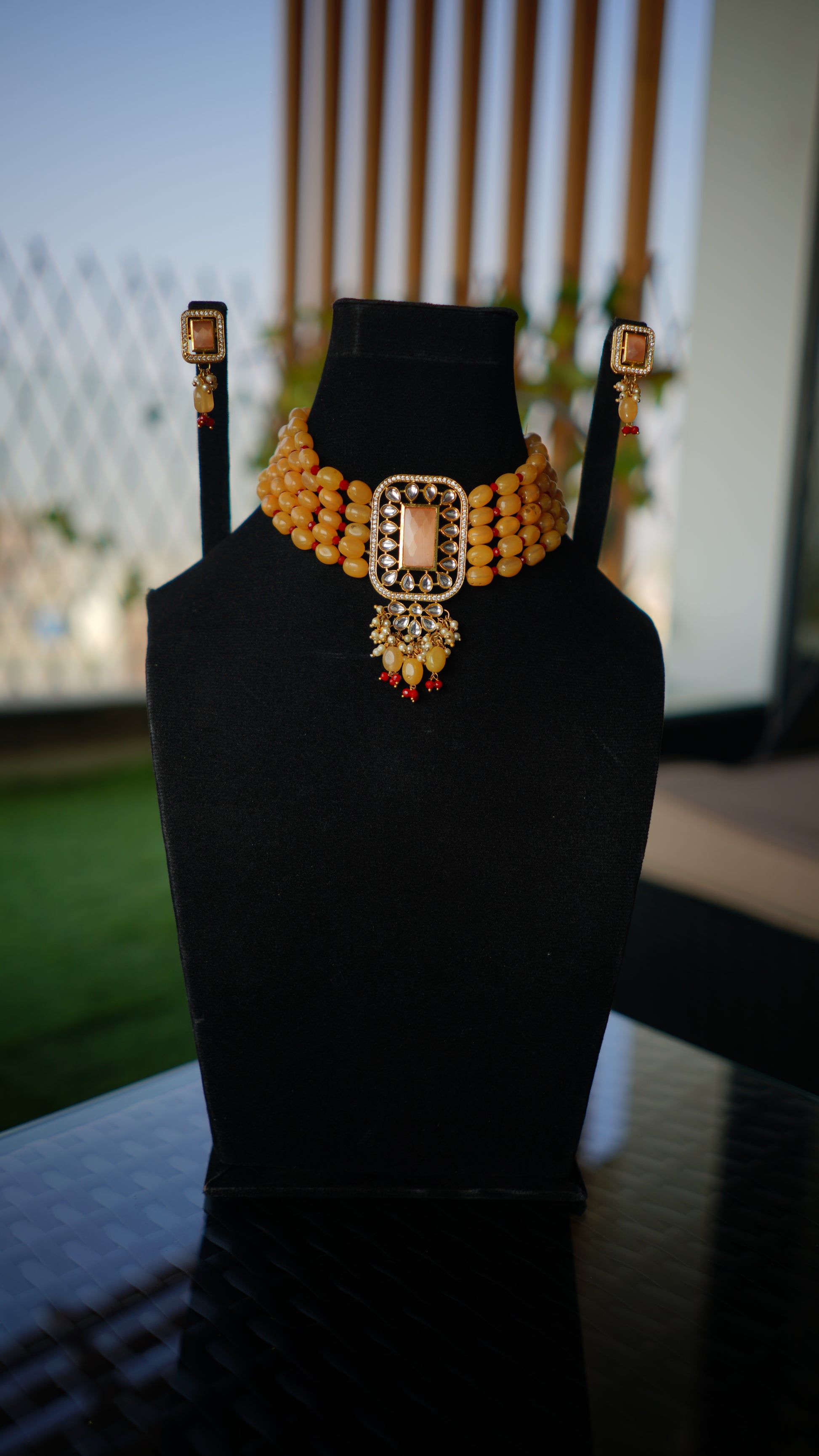 Peach Beaded Choker Set with Kundan Pendant for Women – Choker Set by Ladybug (Photo 2)