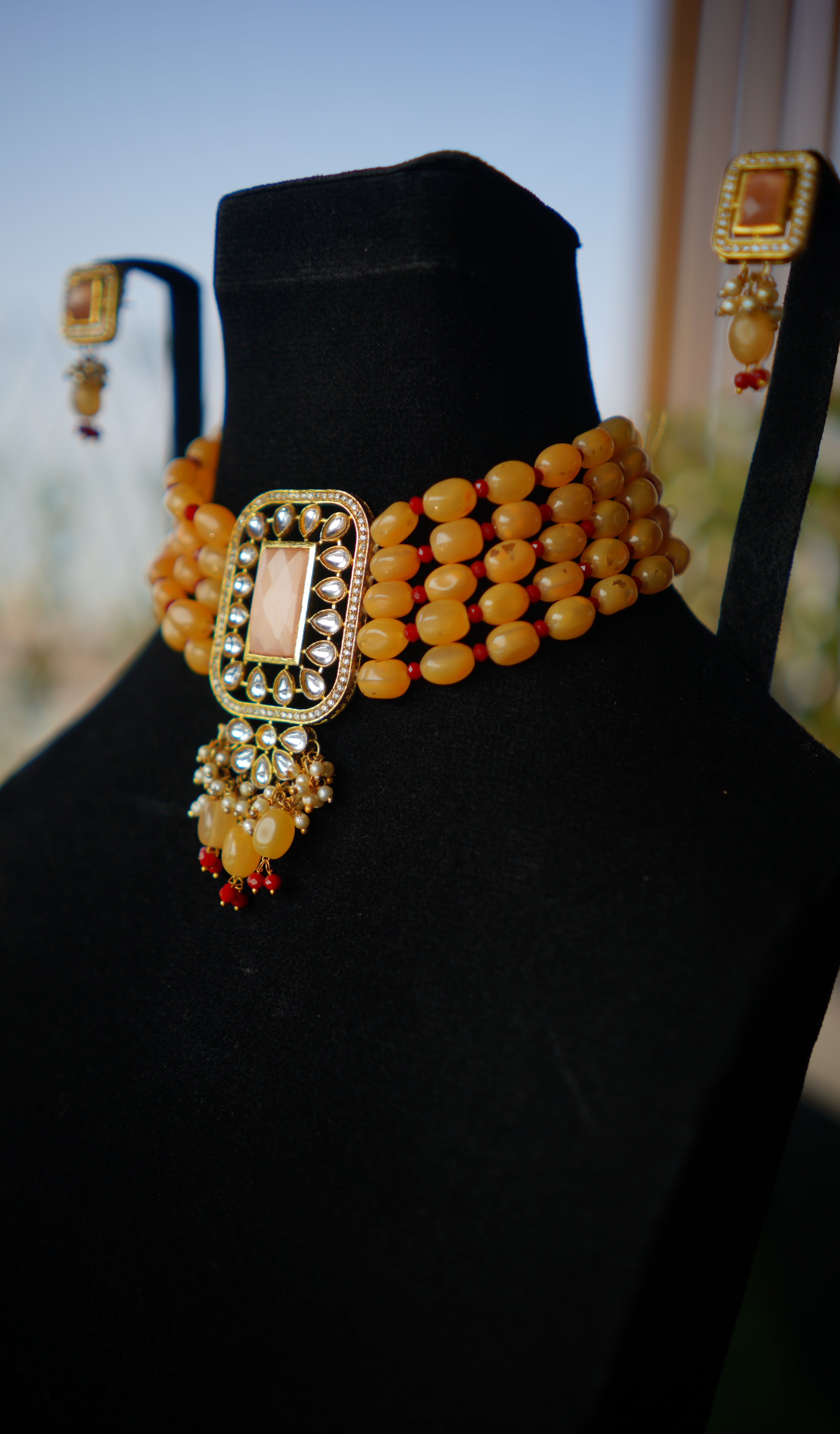 Peach Beaded Choker Set with Kundan Pendant for Women