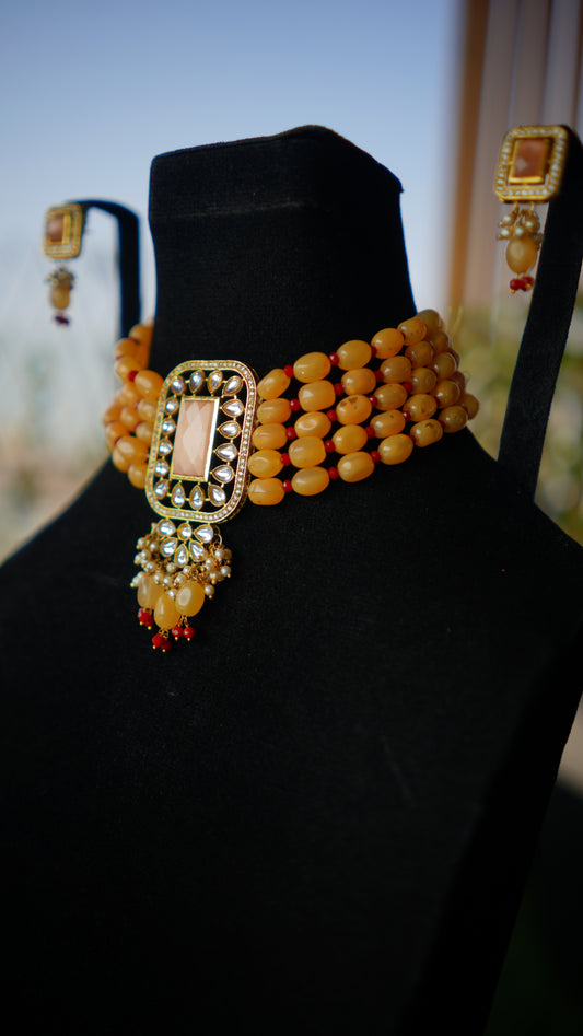 Peach Beaded Choker Set with Kundan Pendant for Women – Choker Set by Ladybug