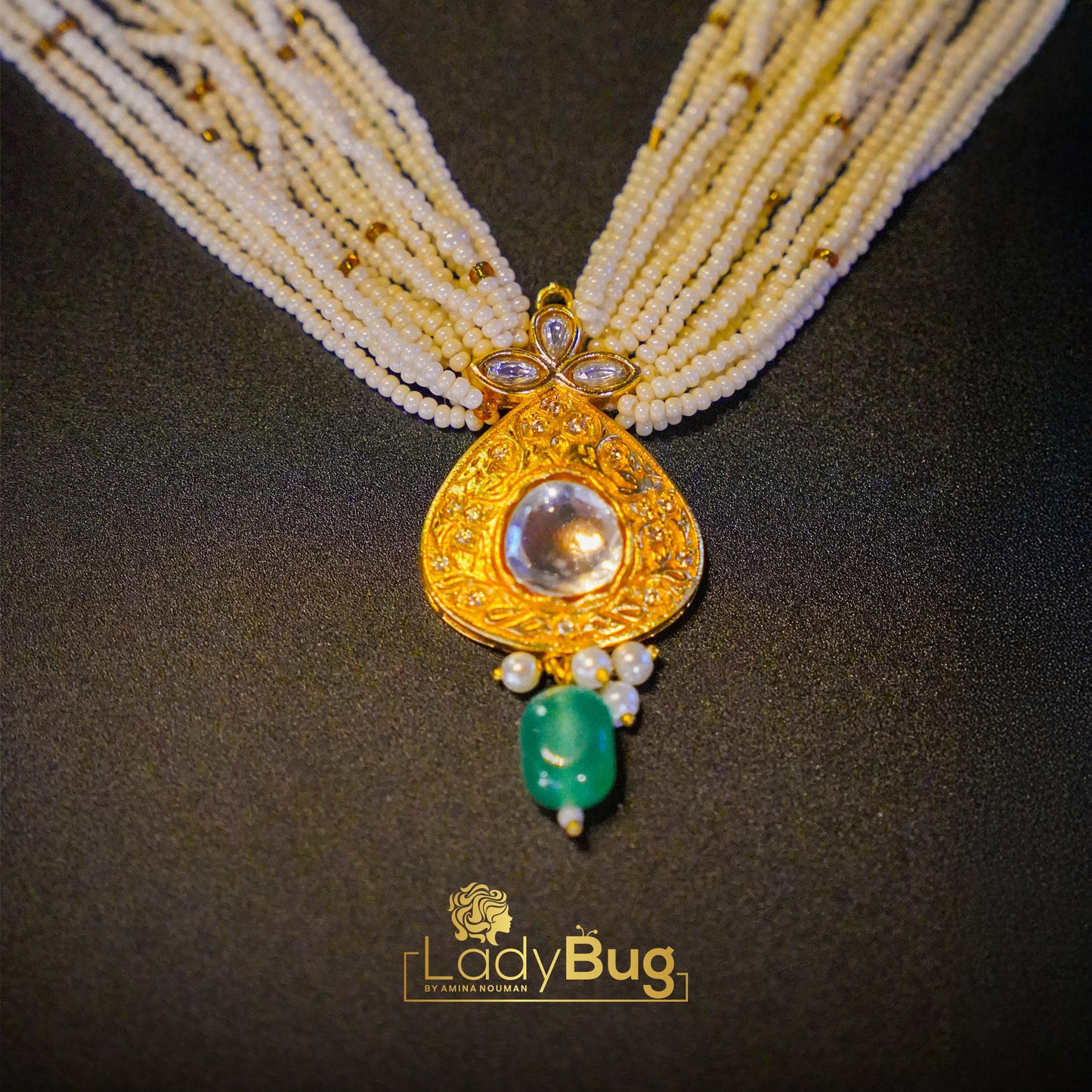 Single Kundan Stone Necklace Set and Pearls Mint Colour
