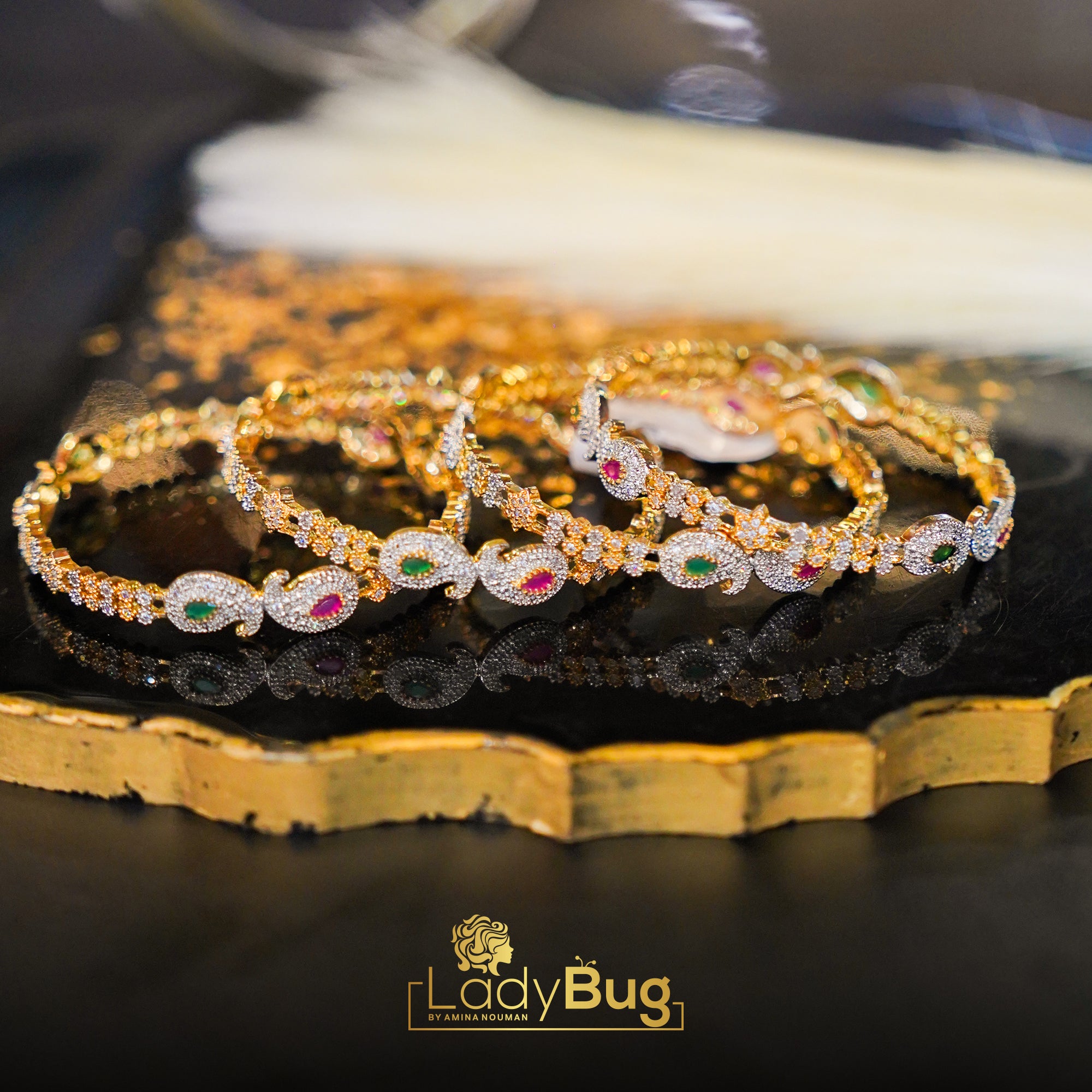 Gold Plated Emerald Ruby Zircon Bangles 4 pieces (2.8) (LB-125)