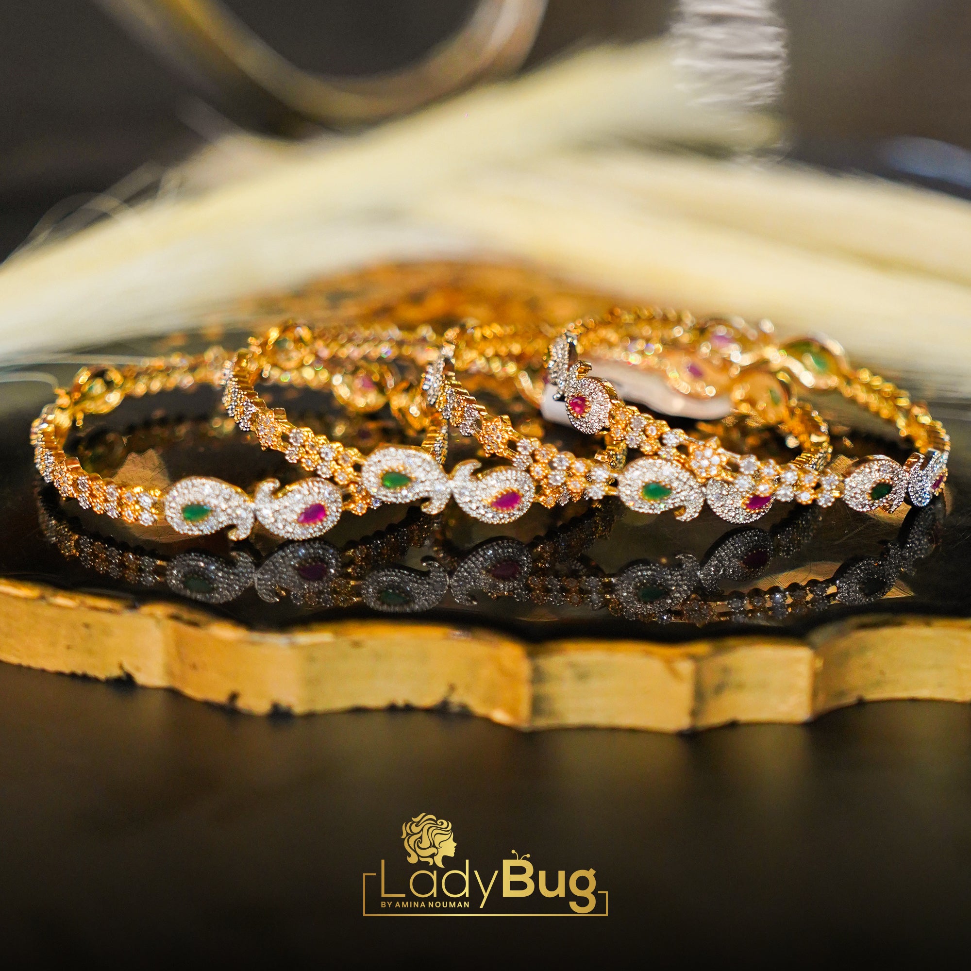 Gold Plated Emerald Ruby Zircon Bangles 4 pieces (2.8) (LB-125)