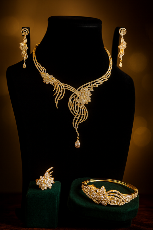 Luxury Gold & Diamond Jewelry Set (Necklace, Earrings, Ring & Bangle)