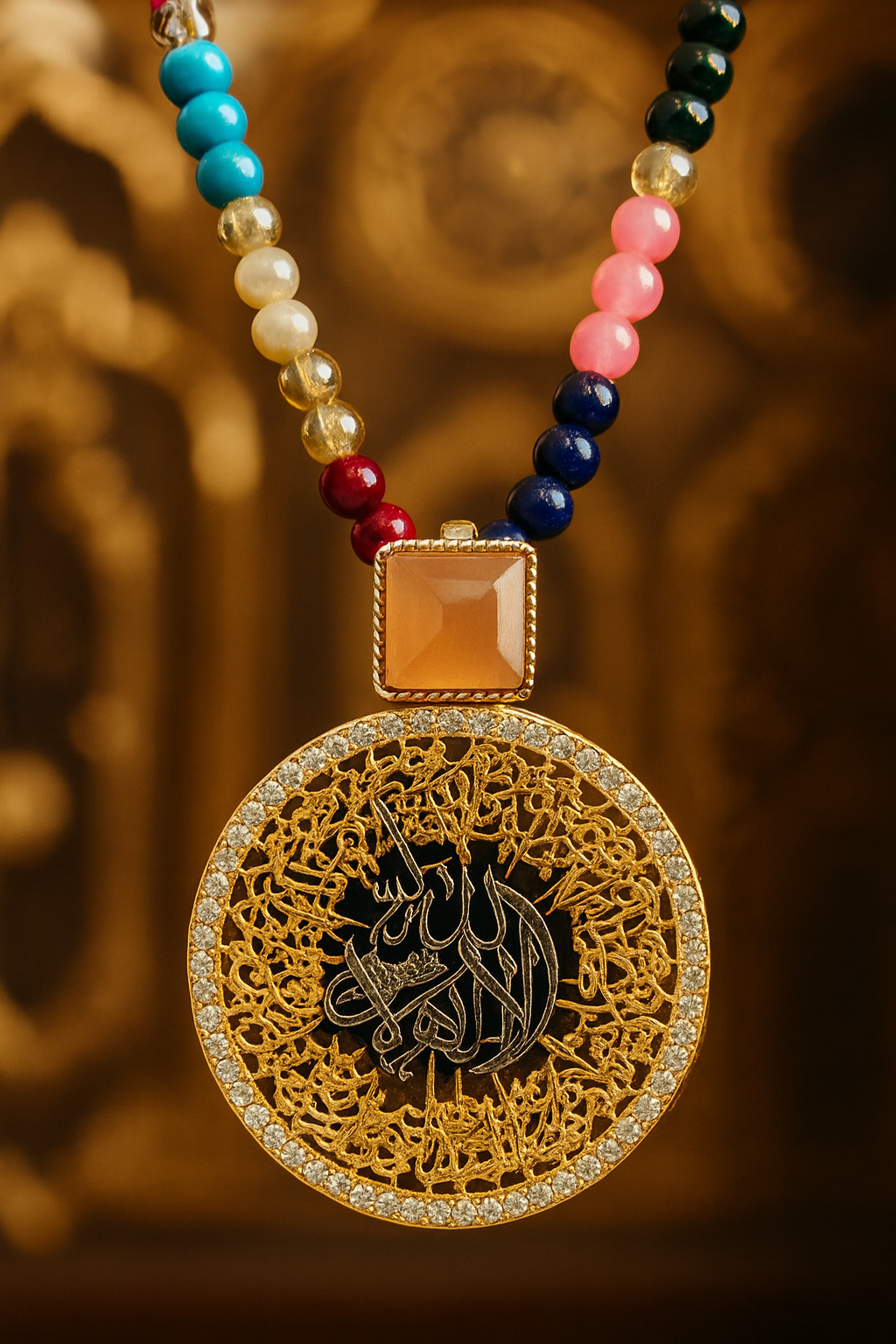 Premium Calligraphy Pendant with Multi-Colour Beaded Mala | Artistic Islamic Jewelry